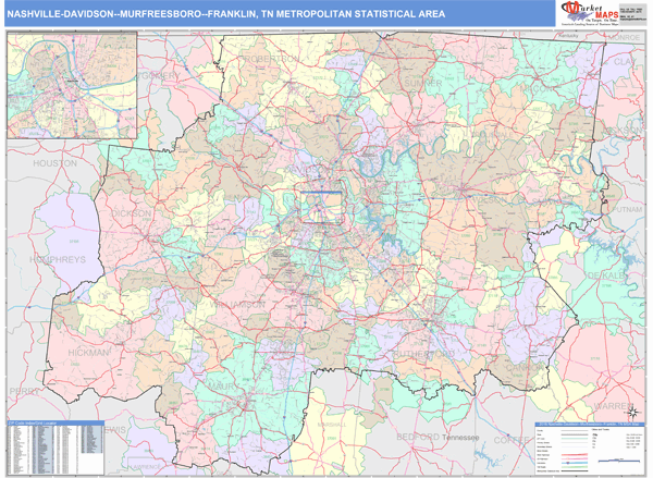 Nashville-Davidson-Murfreesboro-Franklin, TN Metro Area Wall Map Color ...