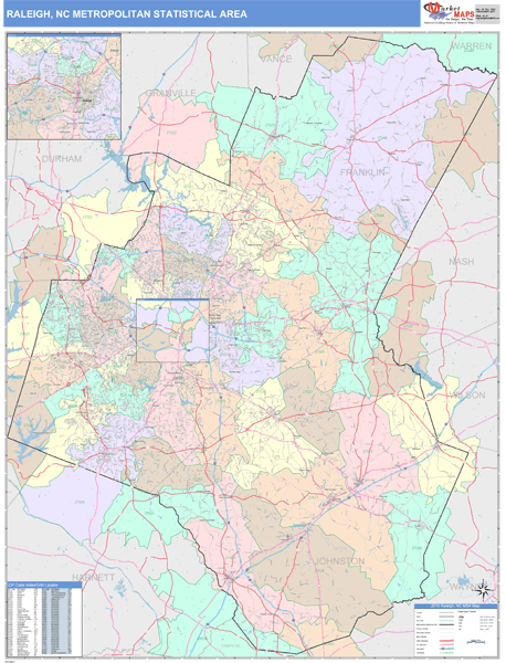 Raleigh, NC Metro Area Wall Map Color Cast Style by MarketMAPS