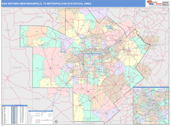 San Antonio-New Braunfels, TX Metro Area Wall Map Color Cast Style by ...