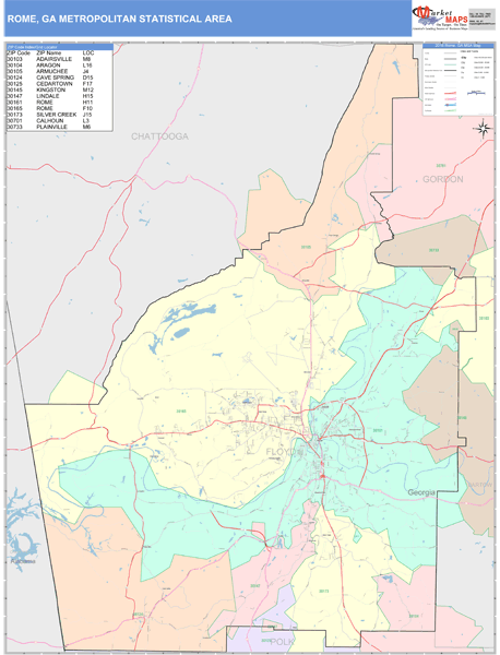 Rome, GA Metro Area Wall Map Color Cast Style by MarketMAPS