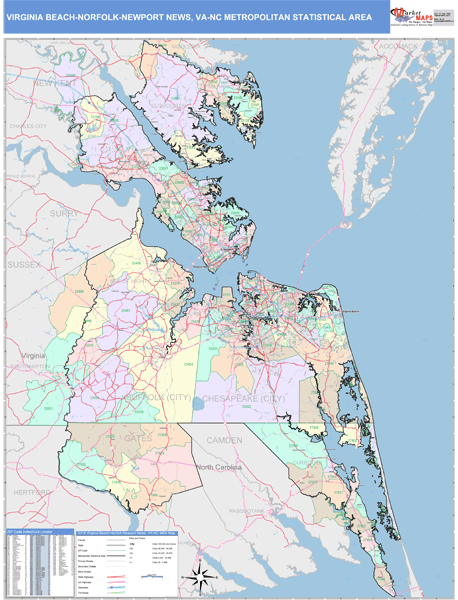 Virginia Beach-Norfolk-Newport News, VA Metro Area Wall Map Color Cast ...