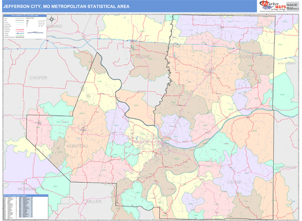 Jefferson City, MO Metro Area Wall Map Color Cast Style by MarketMAPS