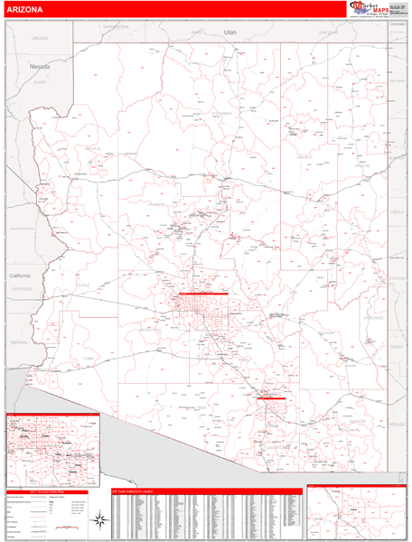 Arizona Zip Code Wall Map Red Line Style by MarketMAPS