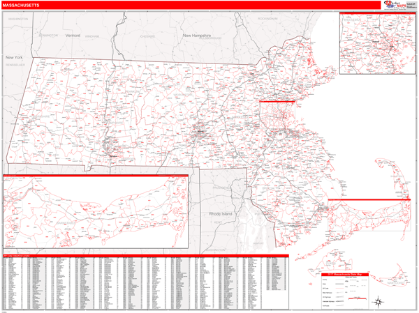 Massachusetts Zip Code Wall Map Red Line Style By Marketmaps 9174