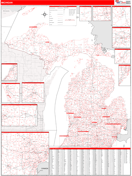 Michigan Zip Code Wall Map Red Line Style By Marketmaps 9455