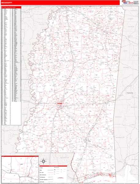 Mississippi Zip Code Wall Map Red Line Style By MarketMAPS   Ms Redline 