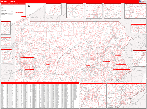 Pennsylvania Zip Code Wall Map Red Line Style by MarketMAPS