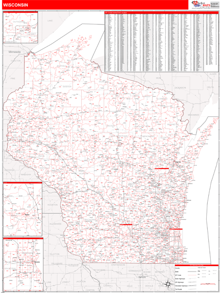 Wisconsin Zip Code Wall Map Red Line Style By Marketmaps 4044