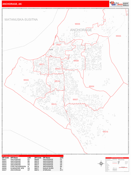 Anchorage Alaska Zip Code Map Anchorage Alaska Zip Code Wall Map (Red Line Style) By Marketmaps - Mapsales