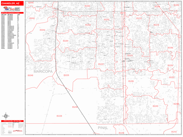 Chandler Arizona Zip Code Wall Map (Red Line Style) by MarketMAPS