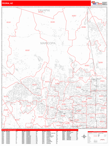 Peoria Arizona Zip Code Wall Map (Red Line Style) by MarketMAPS