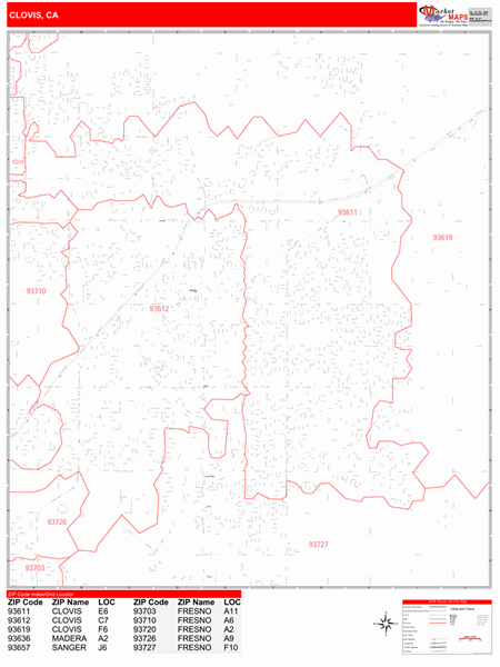 Clovis California Zip Code Wall Map (Red Line Style) by MarketMAPS