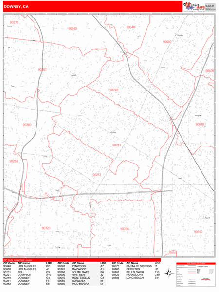 Downey California Wall Map (Red Line Style) by MarketMAPS