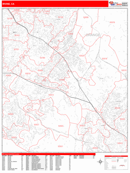 Irvine California Zip Code Wall Map (Red Line Style) by MarketMAPS