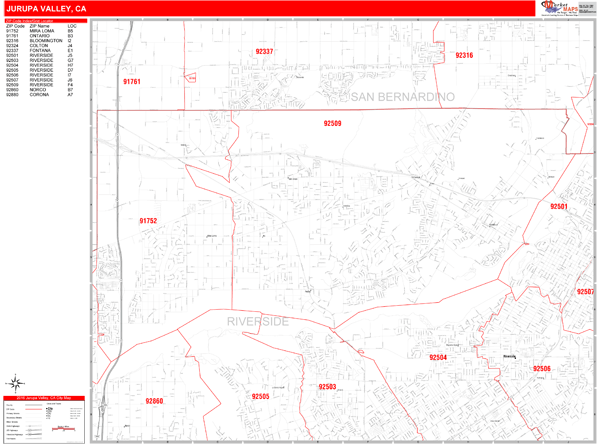 Jurupa Valley California Zip Code Wall Map (Red Line Style) by MarketMAPS