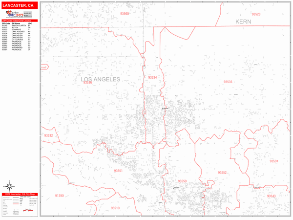 Lancaster California Zip Code Wall Map (Red Line Style) by MarketMAPS