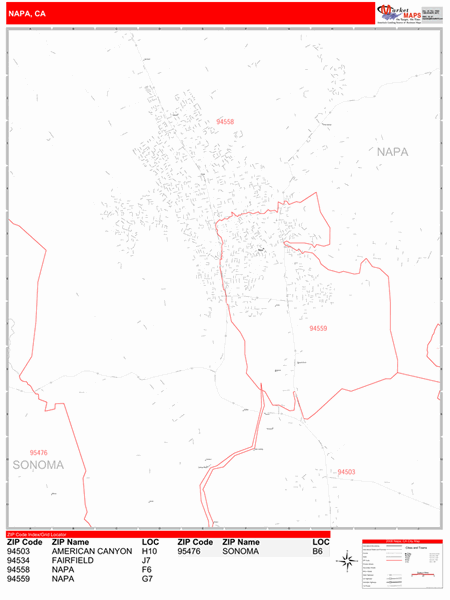 Napa California Zip Code Wall Map (Red Line Style) by MarketMAPS