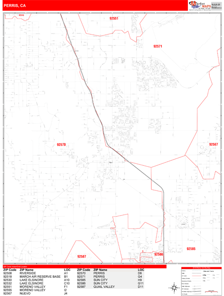 Perris California Wall Map (Red Line Style) by MarketMAPS