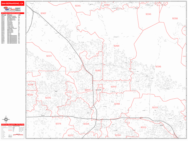 San Bernardino California Zip Code Wall Map (Red Line Style) by MarketMAPS