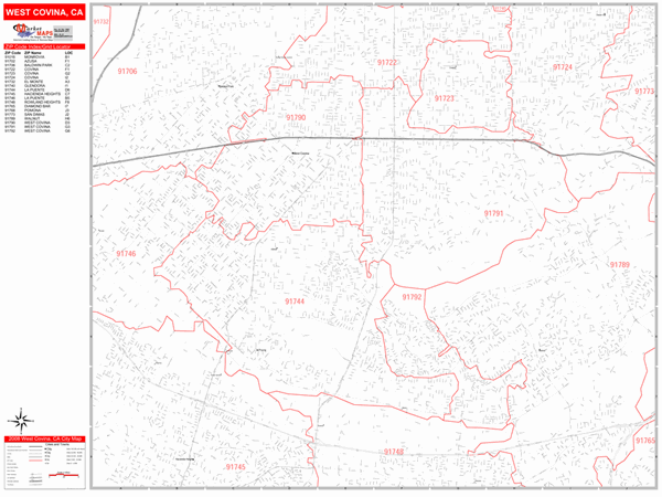 West Covina California Wall Map (Red Line Style) by MarketMAPS