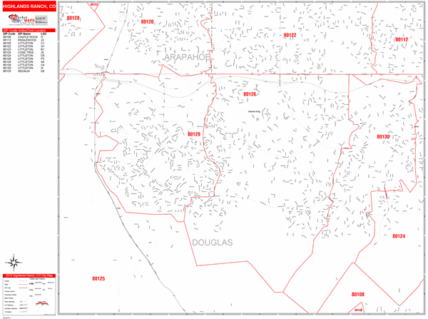 Highlands Ranch Colorado Zip Code Wall Map (Red Line Style) by MarketMAPS