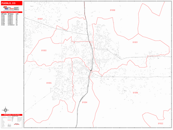 Pueblo Colorado Zip Code Wall Map (Red Line Style) by MarketMAPS