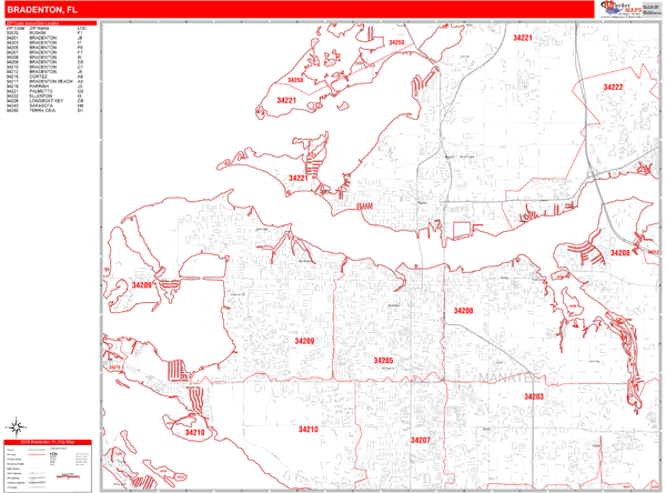 Bradenton Florida Zip Code Wall Map Red Line Style By Marketmaps