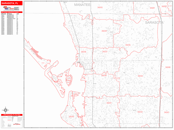 Sarasota Florida Zip Code Wall Map (Red Line Style) by MarketMAPS