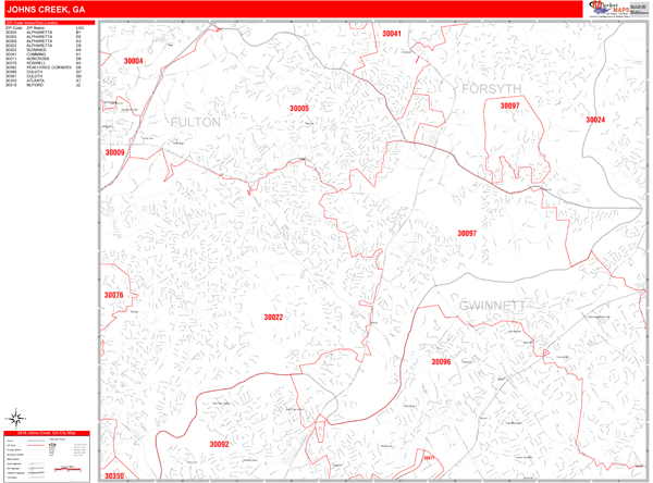 Johns Creek Georgia Zip Code Wall Map (Red Line Style) by MarketMAPS