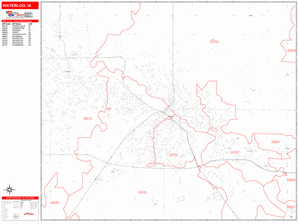 Waterloo Iowa Wall Map (Red Line Style) by MarketMAPS