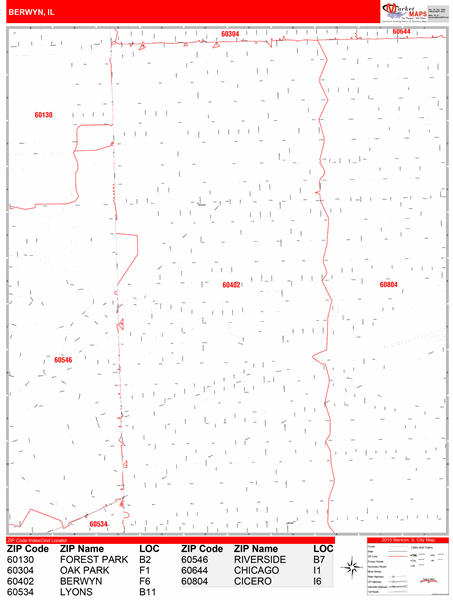 Berwyn Illinois Zip Code Wall Map (Red Line Style) by MarketMAPS