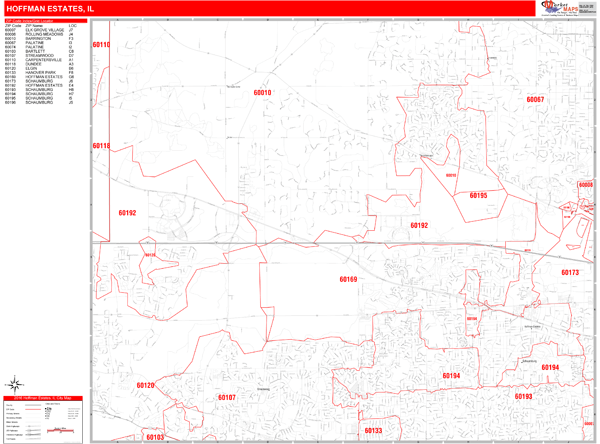 Hoffman Estates Illinois Zip Code Wall Map (Red Line Style) by MarketMAPS