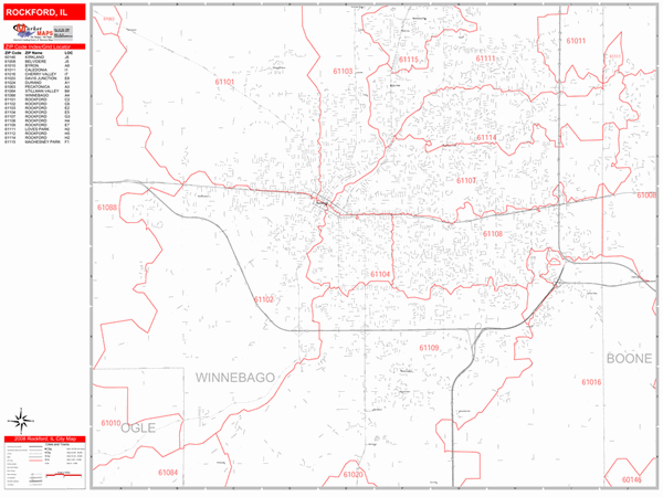 Rockford Illinois Zip Code Wall Map (Red Line Style) by MarketMAPS