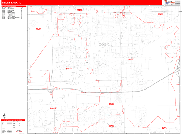 Tinley Park Illinois Zip Code Wall Map (Red Line Style) by MarketMAPS