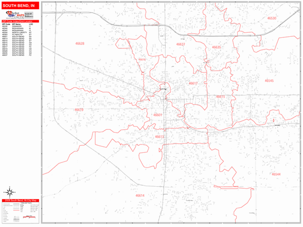 South Bend Indiana Wall Map (Red Line Style) by MarketMAPS