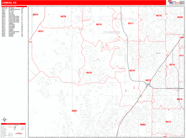 Lenexa Kansas Zip Code Wall Map (Red Line Style) by MarketMAPS