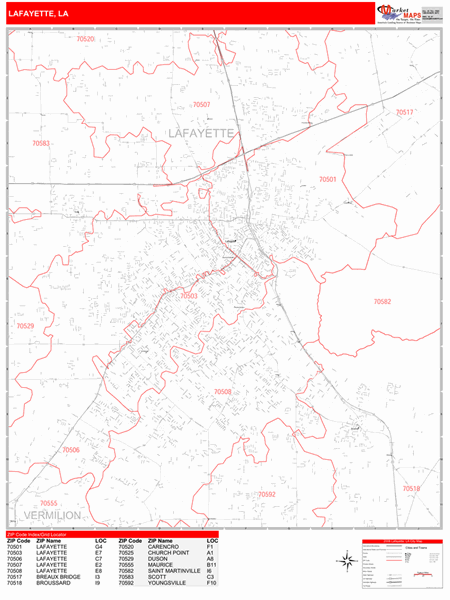 Lafayette Louisiana Zip Code Wall Map (Red Line Style) by MarketMAPS