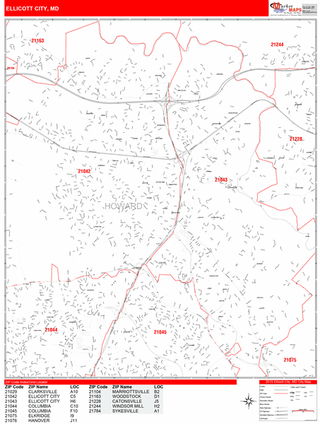 Ellicott City Zip Code Map Ellicott City Maryland Zip Code Wall Map (Red Line Style) By Marketmaps -  Mapsales