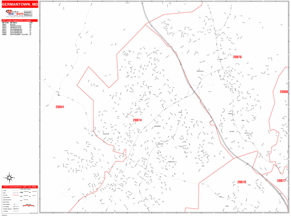 Germantown Maryland Zip Code Wall Map (Red Line Style) by MarketMAPS