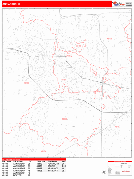 Ann Arbor Michigan Zip Code Wall Map (red Line Style) By Marketmaps