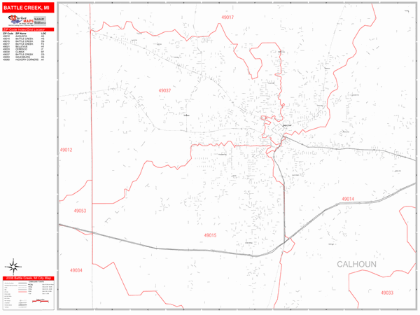 Battle Creek Michigan Zip Code Wall Map (Red Line Style) by MarketMAPS