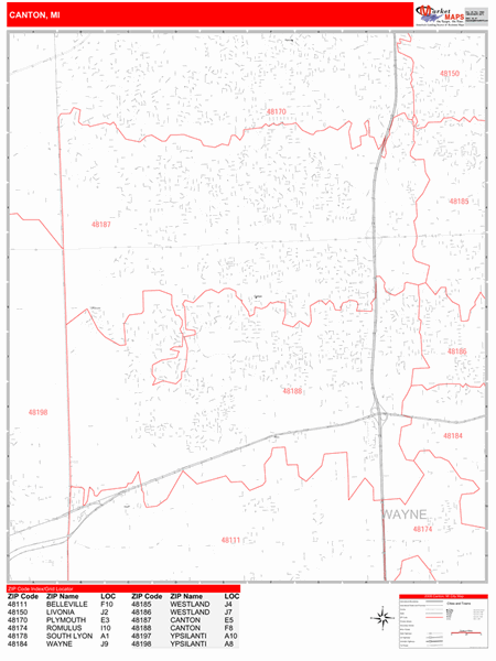 Canton Michigan Zip Code Wall Map (Red Line Style) by MarketMAPS