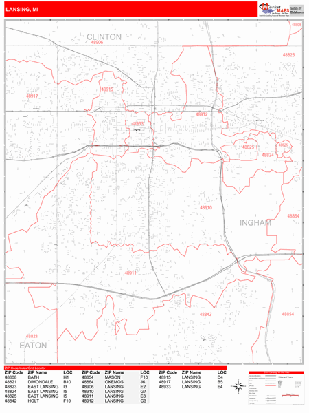 Lansing Michigan Zip Code Wall Map (Red Line Style) by MarketMAPS