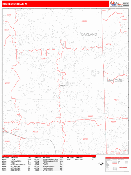 Rochester Hills Mi Zip Code Map Rochester Hills Michigan Wall Map (Red Line Style) by MarketMAPS