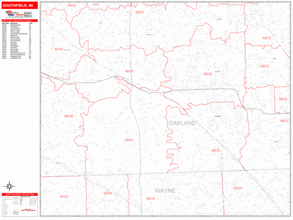Southfield Michigan Zip Code Wall Map Red Line Style By Marketmaps 0400