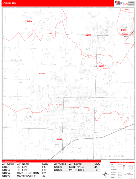 Joplin Missouri Zip Code Wall Map Red Line Style By Marketmaps 8565