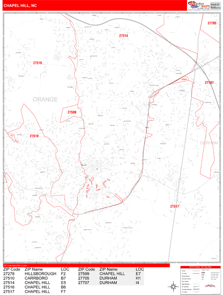 Chapel Hill North Carolina Zip Code Wall Map (Red Line Style) by MarketMAPS