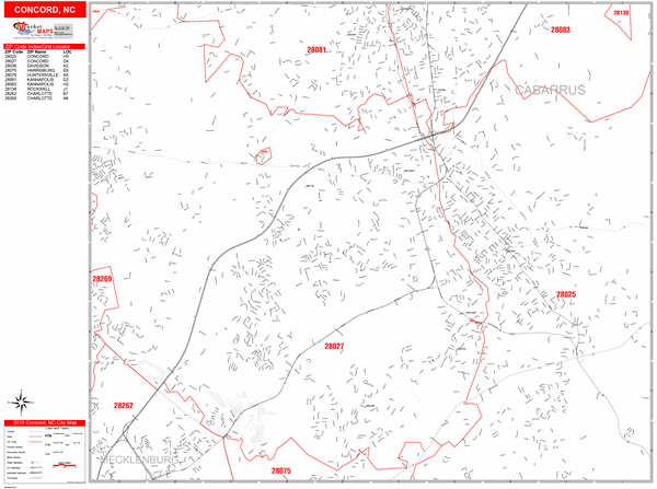 Concord North Carolina Wall Map (Red Line Style) by MarketMAPS