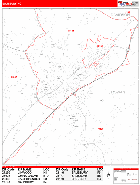 Salisbury Nc Zip Code Map Salisbury North Carolina Zip Code Wall Map (Red Line Style) By Marketmaps -  Mapsales