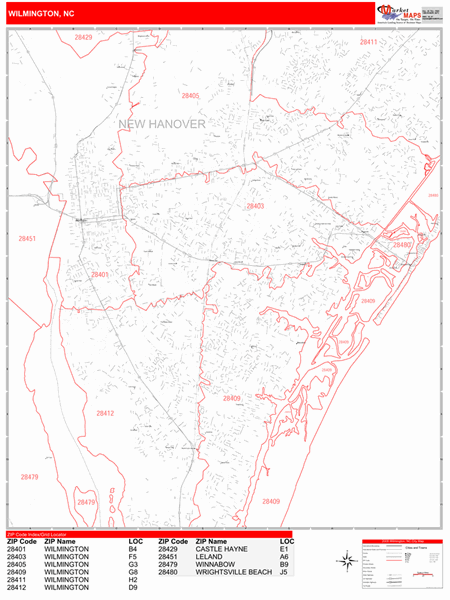 Wilmington North Carolina Zip Code Wall Map Red Line Style By Marketmaps
